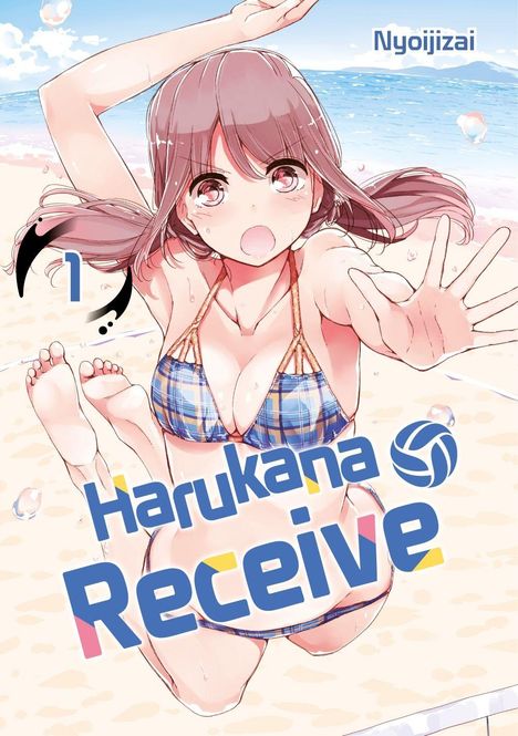 "Harukana Receive" steht über einer Animefigur am Strand. Sie trägt einen karierten Bikini und streckt die Arme nach vorne.