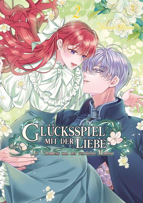 "Glücksspiel mit der Liebe: Die Villainess und der verrückte Mafioso". Illustration: Frau mit rotem Haar, Mann in Anzug. Blumen.