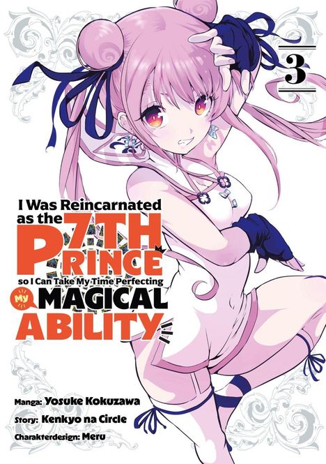 Titel: "I Was Reincarnated as the 7th Prince..." Illustration: Mädchen mit lila Haaren und verspieltem Ausdruck.