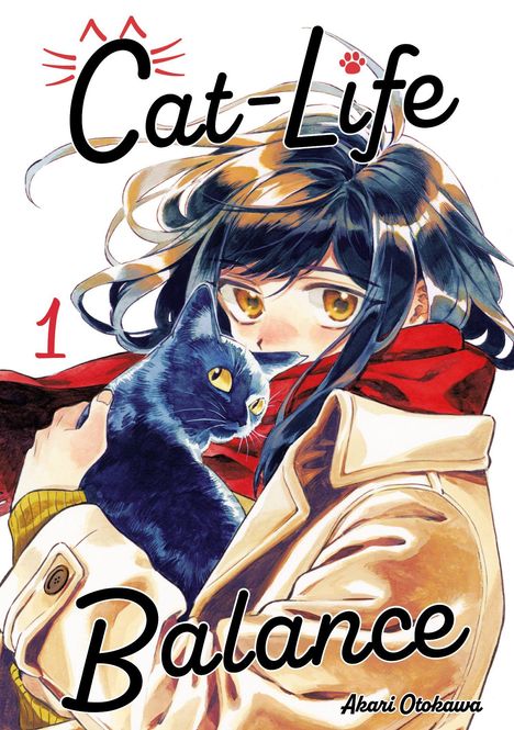 „Cat-Life Balance“, 1, Akari Otokawa. Illustration: Person mit Katze, langer Schal, warmer Mantel, großer, freundlicher Ausdruck.