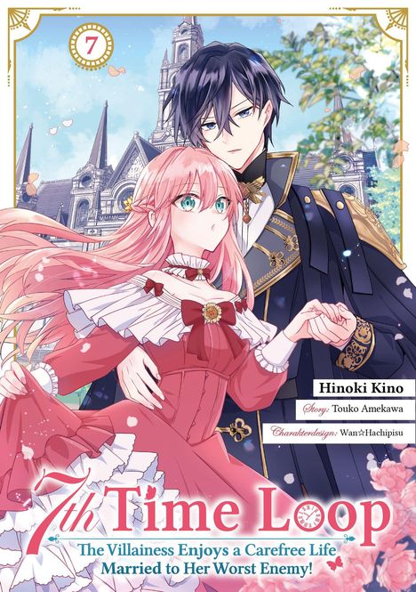 Titel: "7th Time Loop". Zwei Figuren, ein Mann in eleganter Uniform und eine Frau in rotem Kleid, vor einer Kirche.