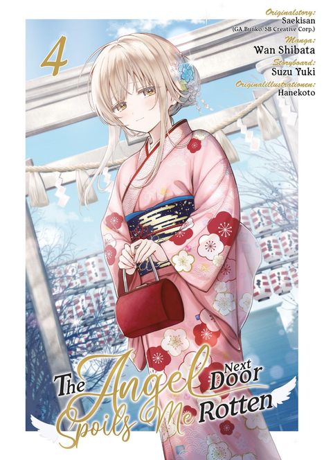 "4. The Angel Next Door Spoils Me Rotten. Mädchen im rosa Kimono mit roter Tasche vor Torii und Himmel."