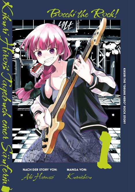 "Bocchi the Rock!" mit pinkhaarigem Mädchen, das Gitarre spielt. Überzeichnete, lebendige Illustration mit viel Dynamik.