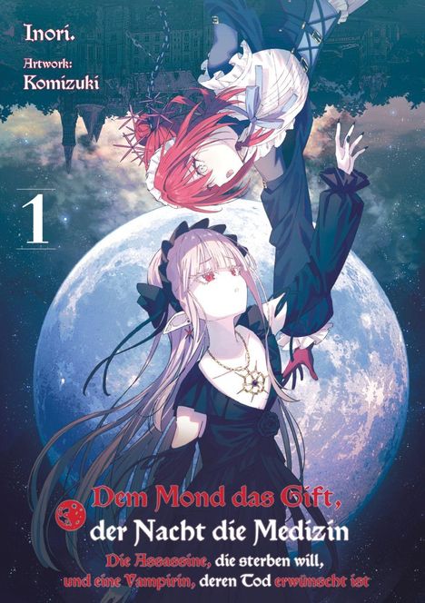„Dem Mond das Gift, der Nacht die Medizin.“ Zwei Figuren vor einem großen Mond in stilvoller Kleidung.