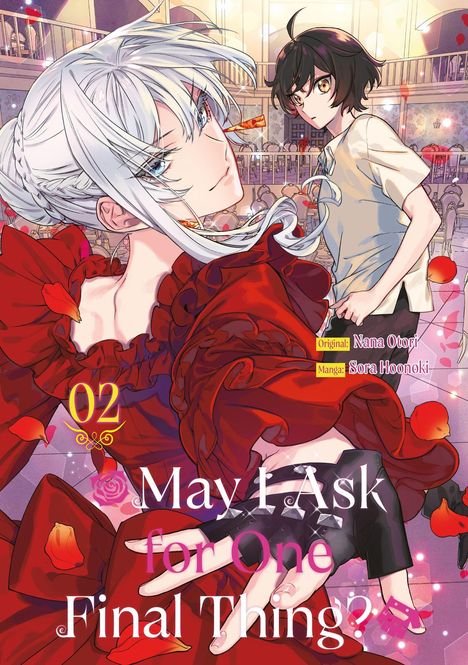 „May I Ask for One Final Thing?“ und „02“. Illustration: Frau in rotem Kleid und Mann in weißem Hemd in einem Saal.