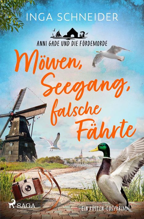 "Möwen, Seegang, falsche Fährte" in großer Schrift. Szene mit Möwen, Ente, Windmühle am Wasser, Kamera im Vordergrund.