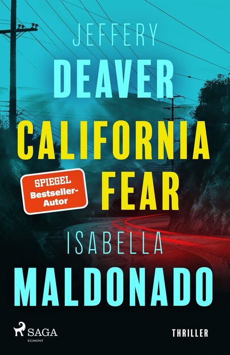"Jeffery Deaver, California Fear, Isabella Maldonado." Thrillerbuch mit einer Straße, Strommasten und blauer Landschaft.