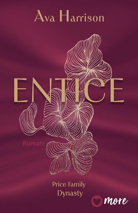 "Ava Harrison, ENTICE, Roman, Price Family Dynasty. Goldene Linien auf dunkelrotem Hintergrund, Pflanzen-Illustration."