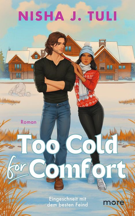 "Roman. Too Cold for Comfort. Eingeschneit mit dem besten Feind." Eine Illustration von zwei Menschen vor einer verschneiten Hütte.