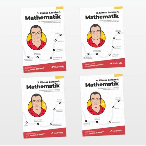 Lernhefte für Mathematik 1. bis 4. Klasse, mit Lehrer Schmidt, von StudyHelp. Jeder Umschlag zeigt eine Illustration eines Mannes.