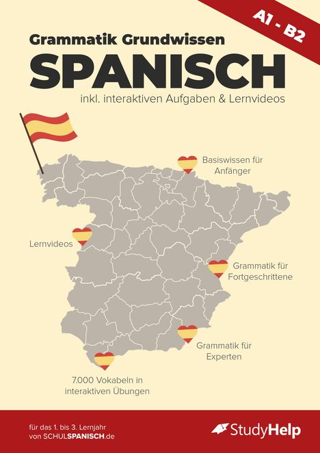"Grammatik Grundwissen Spanisch, inkl. interaktiven Aufgaben & Lernvideos. Karte von Spanien mit spanischen Flaggen."