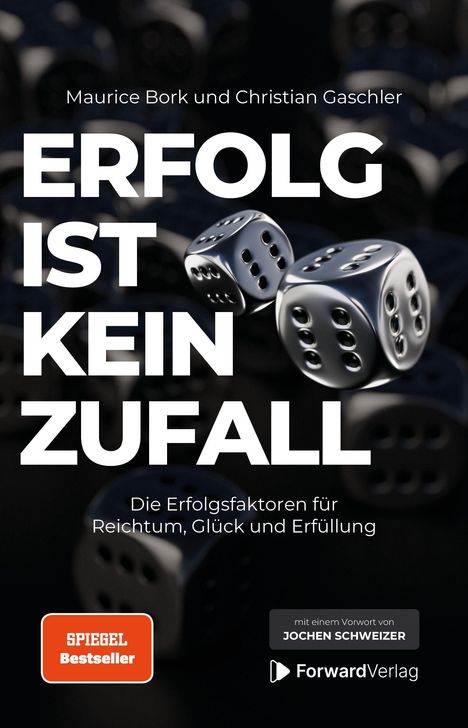 "ERFOLG IST KEIN ZUFALL" in Weiß auf dunklem Hintergrund mit silbernen Würfeln. "SPIEGEL Bestseller"-Logo in Orange.