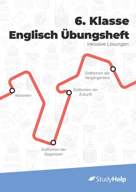 "6. Klasse Englisch Übungsheft inklusive Lösungen" steht oben. Eine rote Linie verbindet Themen, Hintergrund mit britischen Symbolen.
