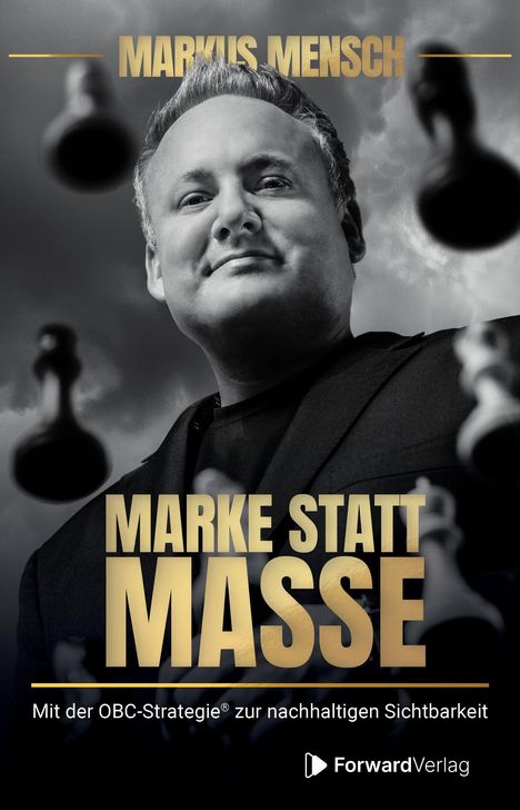 "Marke statt Masse", "Mit der OBC-Strategie® zur nachhaltigen Sichtbarkeit". Schwarz-weiße Illustration eines Mannes.