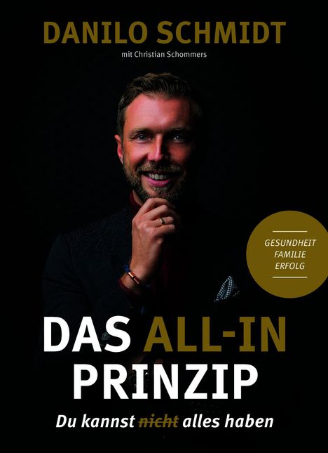 "DANILO SCHMIDT", "DAS ALL-IN PRINZIP", "Du kannst nicht alles haben". Porträt eines lächelnden Mannes mit Bart.