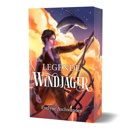 „Die Legende der Windjäger“ von Evelyne Aschwanden. Illustration: Person mit Seil vor pastellfarbenen Wolken und Wal.