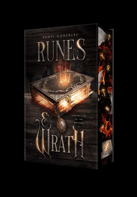 Titel: "Runes & Wrath: Chronicles of the Beyond". Ein altertümliches Buch mit mystischem Leuchten auf Holztisch.