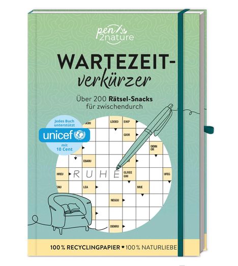 "Wartezeitverkürzer: Über 200 Rätsel-Snacks. UNICEF-Unterstützung. Illustration: Kreuzworträtsel, Stift, Sessel."