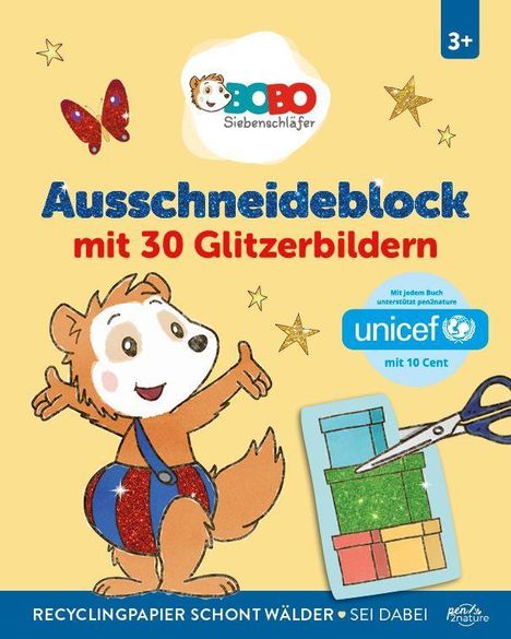 „Ausschneideblock mit 30 Glitzerbildern“ steht in funkelndem Text. Ein fröhlicher Biber in blauer Hose breitet die Arme aus.
