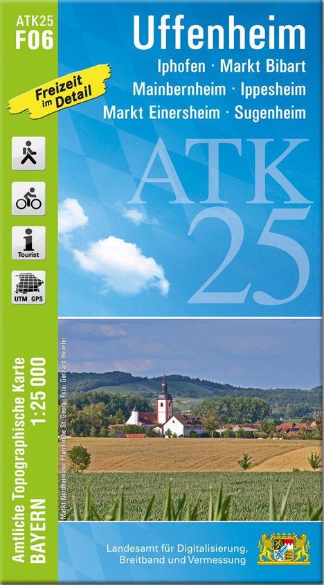 ATK25 Uffenheim, Freizeit im Detail. Wander- und Fahrrad-Symbole, Kirche vor Hügelkulisse, offizielles Logo unten rechts.