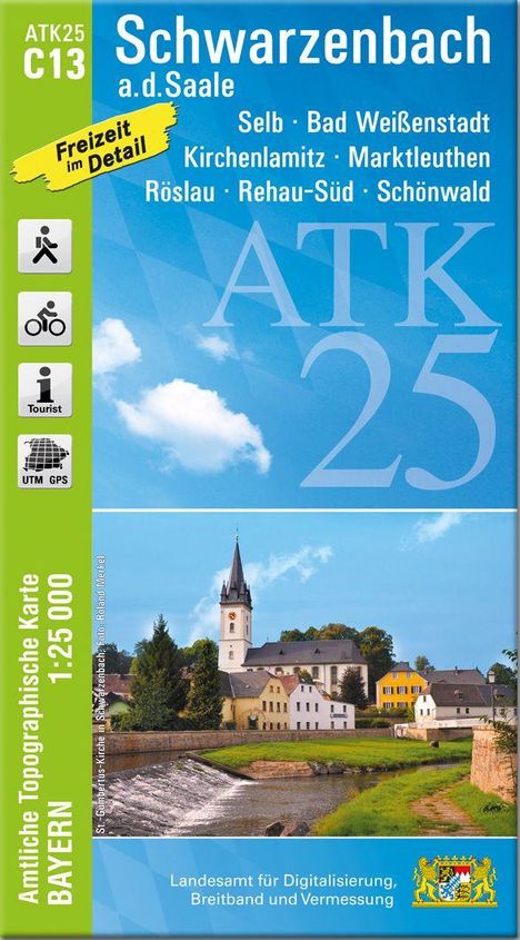 ATK25 C13, Schwarzenbach a.d.Saale, Freizeit im Detail, Kirche und Fluss im Vordergrund, blauer Himmel.