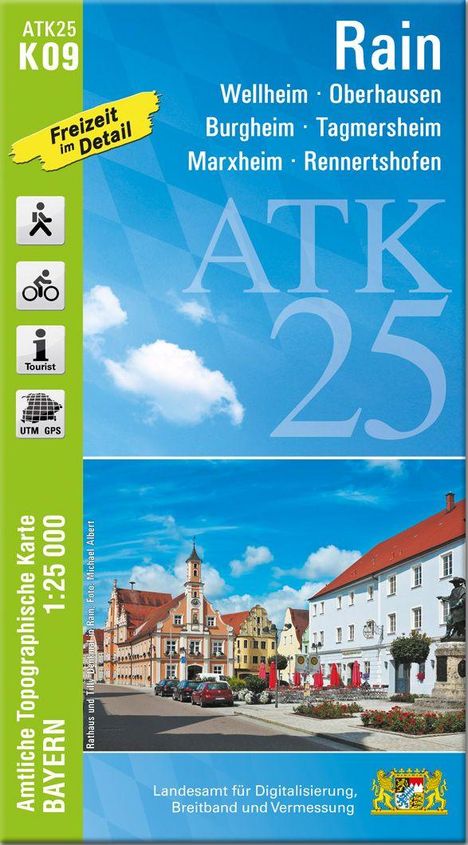 ATK25 K09, Rain, Wellheim, Oberhausen, Freizeit im Detail. Illustration einer Stadt mit bunten Häusern und blauem Himmel.