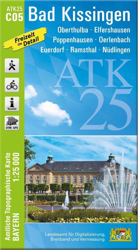 ATK25 Bad Kissingen Karte. Freizeit, Sehenswürdigkeiten-Symbole, Gebäude mit Brunnen, bayerisches Wappen unten.
