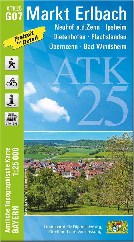 Kartentitel "Markt Erlbach" mit umliegenden Ortschaften. Landschaft: Dorf mit bewaldeten Hügeln im Hintergrund.