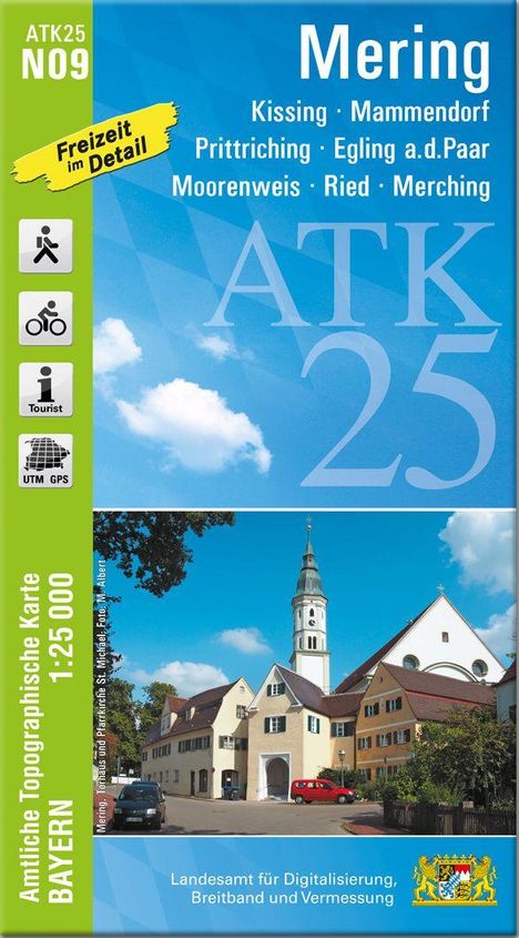 ATK25 N09: Mering, Kissing, Freizeit im Detail. Amtliche Topographische Karte Bayern 1:25 000. Bild einer Kirche.