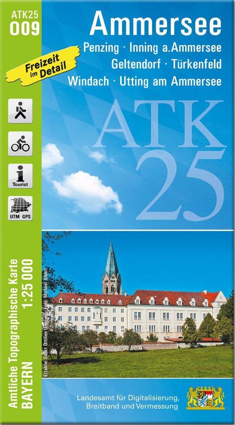 ATK25 009, Ammersee, Penzing, und andere Orte. Freizeit im Detail. Illustration einer Kirche und Landschaft.