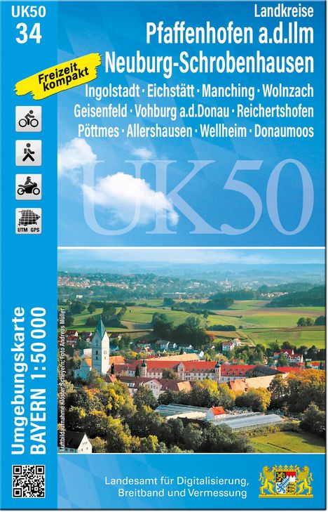 UK50 Pfaffenhofen a. d. Ilm, Neuburg-Schrobenhausen. Freizeit kompakt. Umgebungs­karte Bayern 1:50 000. Illustration einer Landschaft mit Feldern und Häusern. Logos für Radfahren, Wandern und Motorradfahren.