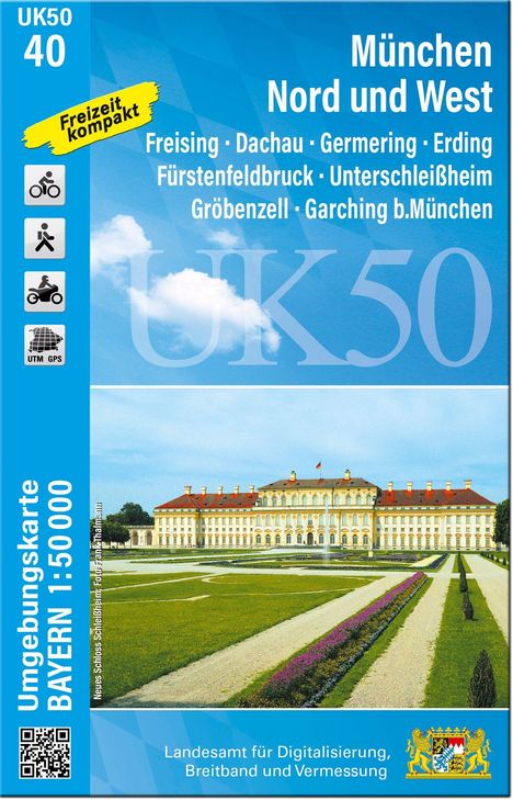 "München Nord und West" mit Städtenamen. Freizeit-Symbole links. Bild zeigt Schloss mit Garten.