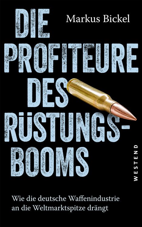 "Die Profiteure des Rüstungsbooms" von Markus Bickel. Illustration einer Patrone vor schwarzem Hintergrund.