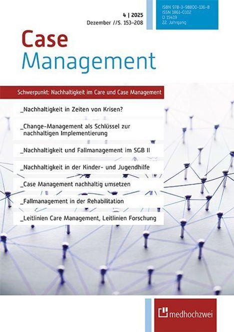 Texte: Case Management, Schwerpunkt: Nachhaltigkeit im Care und Case Management. Illustration: Netzstruktur mit Verbindungspunkten.