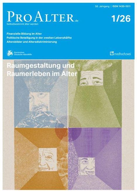 "Raumgestaltung und Raumerleben im Alter" vor farbigem Hintergrund mit vier Porträts in verschiedenen Farben.