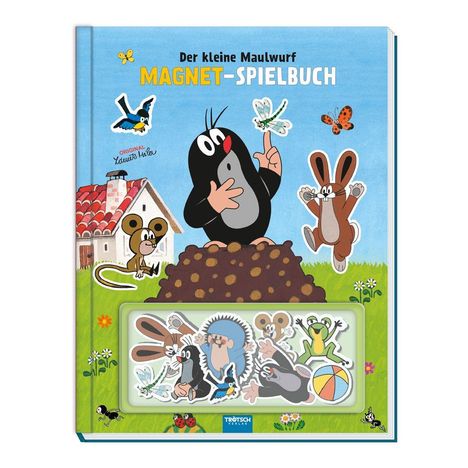 "Der kleine Maulwurf Magnet-Spielbuch". Illustration mit Maulwurf, Maus und Hase auf einem Hügel in bunter Landschaft.