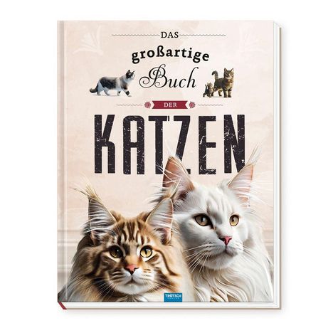 „Das großartige Buch der Katzen“ steht auf einem Buchcover mit zwei großen Katzen im Vordergrund.