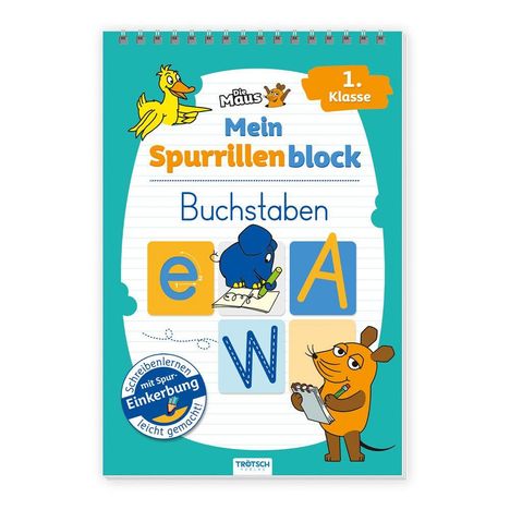 "Mein Spur­rillen­block: Buchstaben" zeigt bunte Buchstaben und Figuren. Ein gelber Vogel und eine orange Maus illustrieren es.