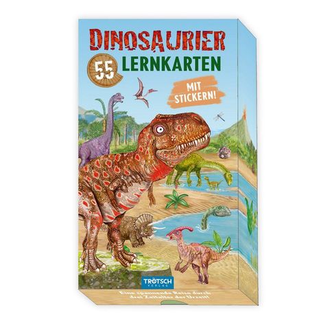 "Dinosaurier Lernkarten, 55 mit Stickern". Illustration: Verschiedene Dinosaurier in einer prähistorischen Landschaft.