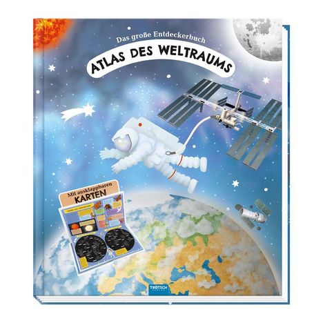 „Das große Entdeckerbuch“ und „Atlas des Weltraums“. Illustration mit Astronaut, Raumstation und Erde.