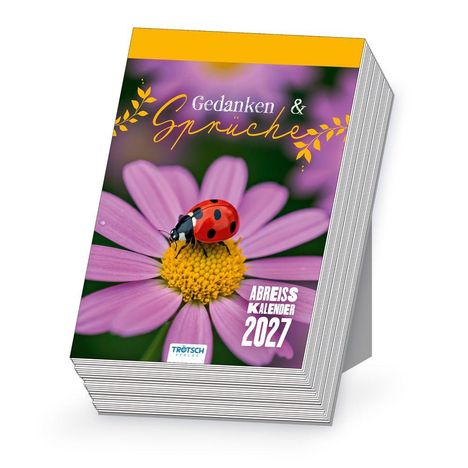 "Abreißkalender 2027", "Gedanken & Sprüche" mit Marienkäfer auf pinker Blume.