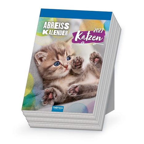 Text: "ABREISSKALENDER 2027 Katzen". Eine Illustration zeigt ein süßes Kätzchen in verspielter Pose.