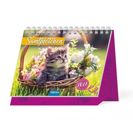 "Samtpfötchen 2027." Ein Kätzchen sitzt in einem Korb voller Blumen auf grünem Gras.