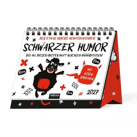 "Schwarzer Humor", "Mit bösen Sprüchen!", "Der etwas andere Monatskalender", Illustration einer Kuh mit lustigen Symbolen.