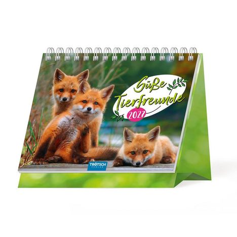 "Süße Tierfreunde 2027" in einem verspielten Schriftstil. Drei fuchsartige Tiere auf grünem Hintergrund.