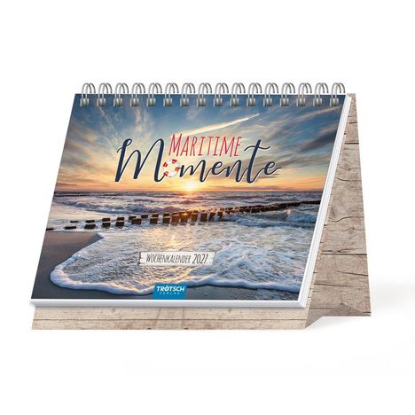 "Maritime Momente", "Wochenkalender 2027". Küstenszene mit Sonnenuntergang, Wellen und Holzpfählen.