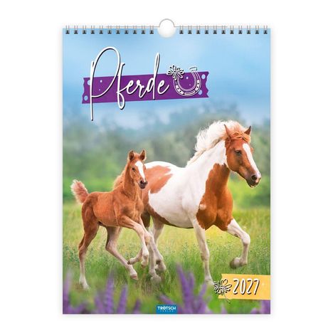 Text: "Pferde", "2027". Zwei Pferde galoppieren über eine grüne Wiese mit Blumen, im Hintergrund blauer Himmel.