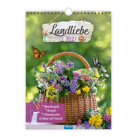 Text: "Landliebe 2027", "Bauernregeln, Rezepte, Wissenswertes zu Natur und Umwelt". Blumen in einem Korb, Schmetterlinge.