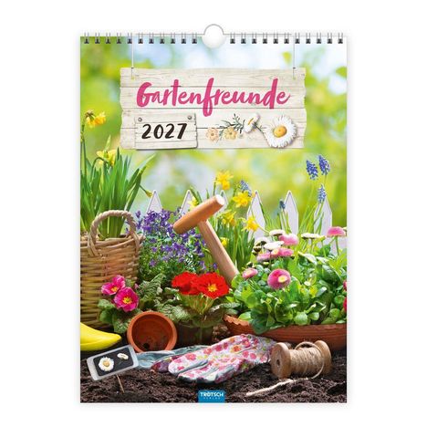 Text "Gartenfreunde 2027". Bunte Frühlingsblumen, Gartengeräte, Handschuhe und Zaun in einem fröhlichen Gartenmotiv.