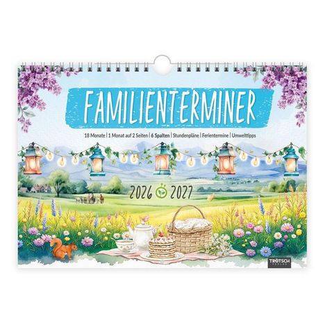"FAMILIENTERMINER", "2026", "2027". Illustration: Picknick in Blumenwiese mit Laternen, Bergen im Hintergrund.